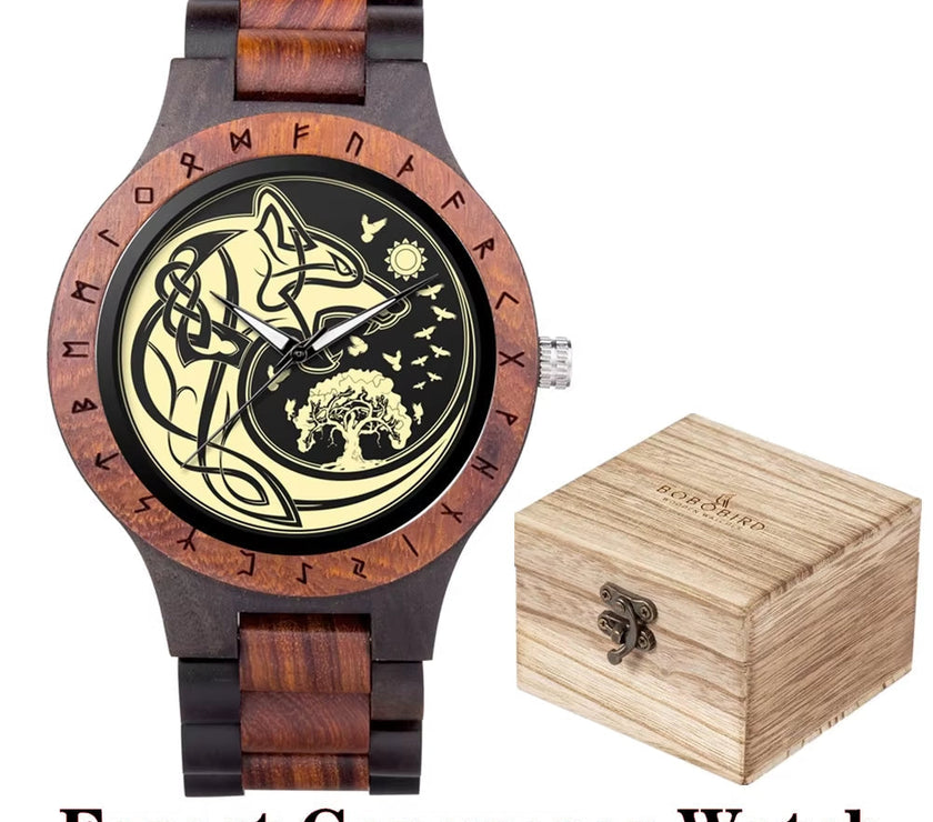 Viking Watches  Wooden Men Watch Top Japanese Quartz Movement Wristwatch with Helm of Awe Runic Circle Fashion Gift Box