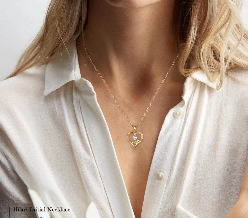 Initial Heart Necklace for Women Cubic Zirconia 14K Gold Plated Initial Heart Pendant Necklace