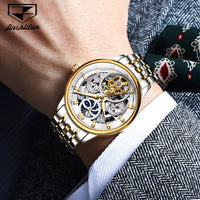 JSDUN Certified Automatic Watch for Men Skeleton Stainless Steel Waterproof Watches Business Gold Watch Top Brand Men'S Watches