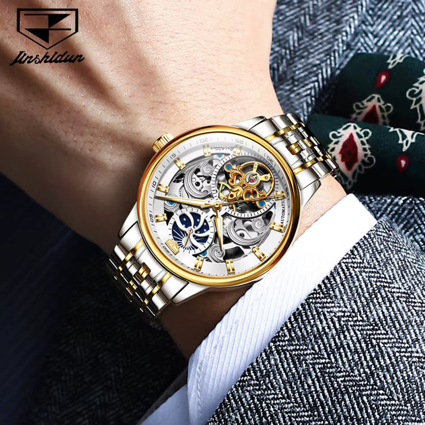 JSDUN Certified Automatic Watch for Men Skeleton Stainless Steel Waterproof Watches Business Gold Watch Top Brand Men'S Watches