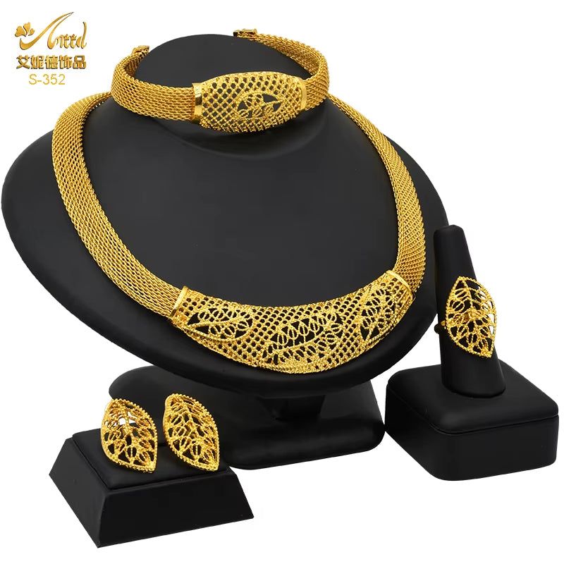 Dubai 24K Gold Color Jewelry Set for Women African Nigerian Necklace Set Earrings and Bracelets Bridal Indian Fashion
