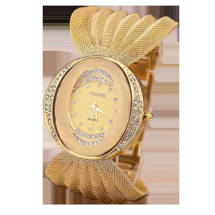 Mesh Band Women Watch Fashion Oval Gold Bracelet Alloy Quartz Watch Dress Rhinestone Women'S Wristwatches Ladies Bracelet Clock