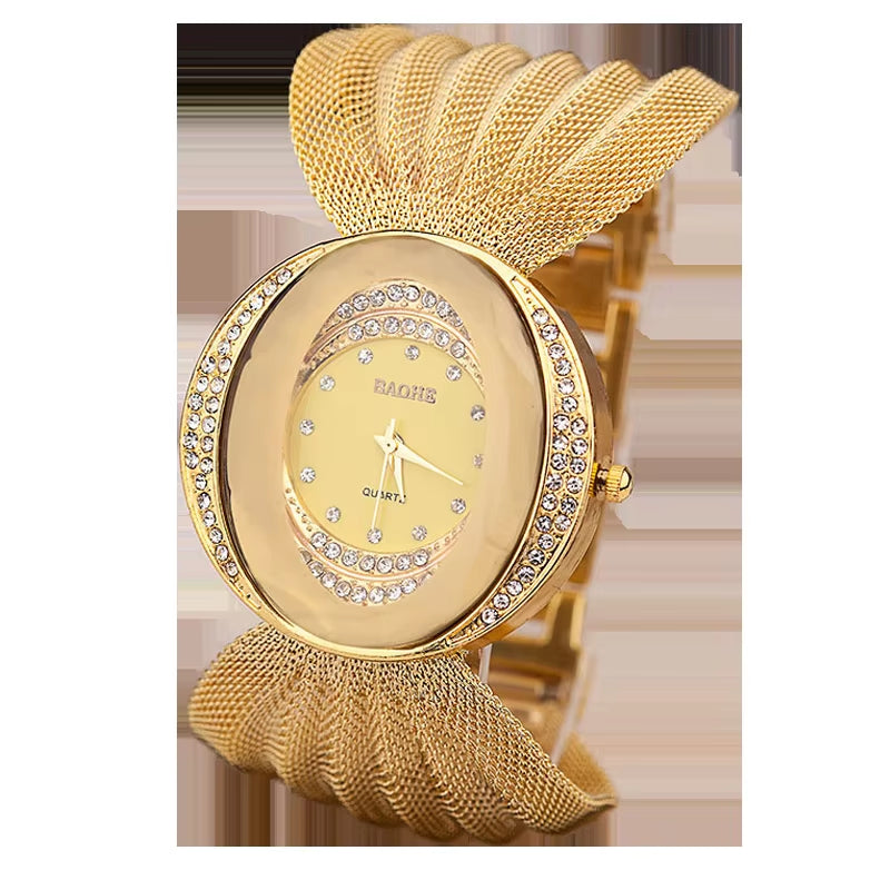 Mesh Band Women Watch Fashion Oval Gold Bracelet Alloy Quartz Watch Dress Rhinestone Women'S Wristwatches Ladies Bracelet Clock