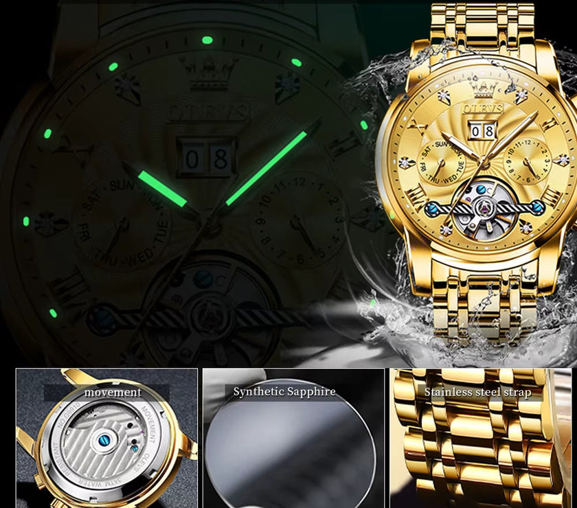 Mechanical Watches Automatic Watch Men Waterproof Stainless Steel Strap Skeleton Gold Watch Male Wristwatch