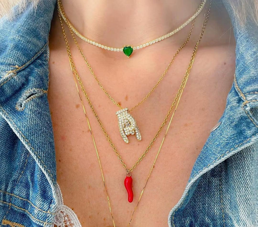 Valentine'S Day Gift Heart Design Fashion Jewelry Gold Color 3Mm CZ Tennis Chain Colorful Heart Stone Choker Necklace