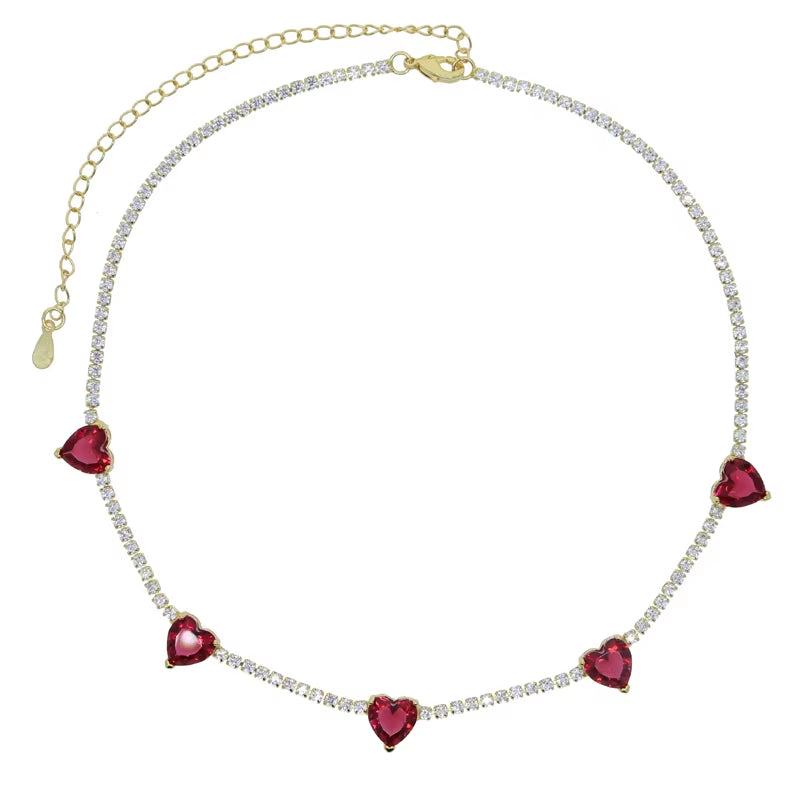 Valentine'S Day Gift Heart Design Fashion Jewelry Gold Color 3Mm CZ Tennis Chain Colorful Heart Stone Choker Necklace