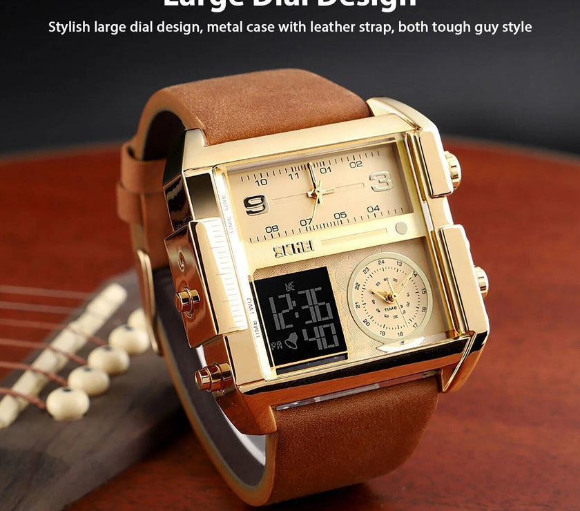Mens SKMEI Men Watch Large Dial Digital Quartz Sport Stopwatch Leather Wristwatch New