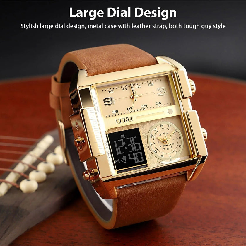 Mens SKMEI Men Watch Large Dial Digital Quartz Sport Stopwatch Leather Wristwatch New