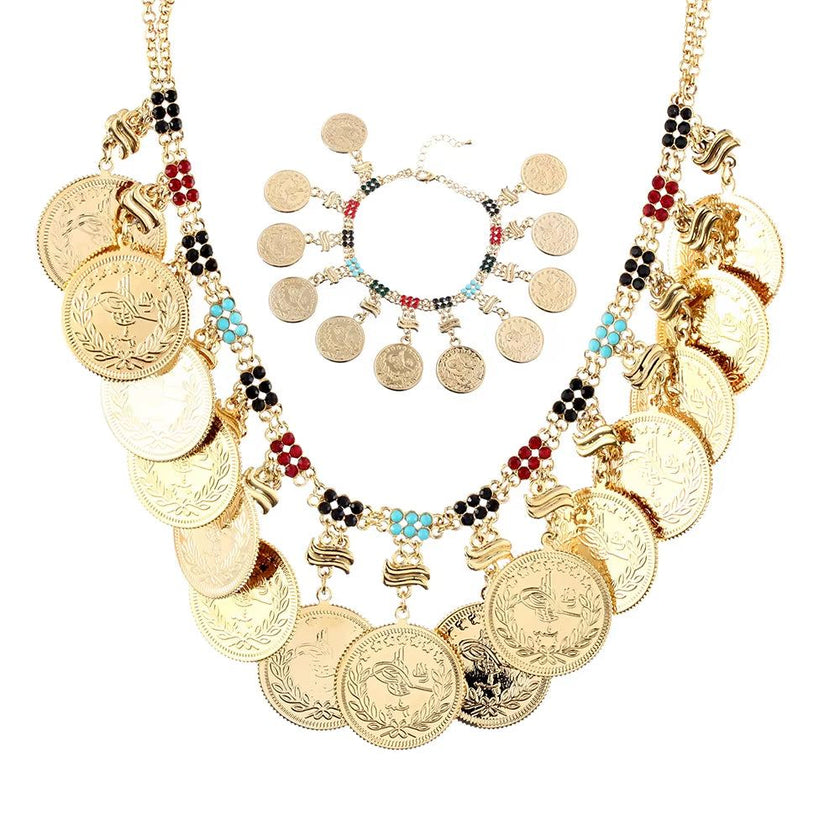 Fashion Color Austrian Crystal Golden Oman Coin Allah Tassel Women Charm Necklaces Muslim Party Wedding Luxury Jewelry Gift