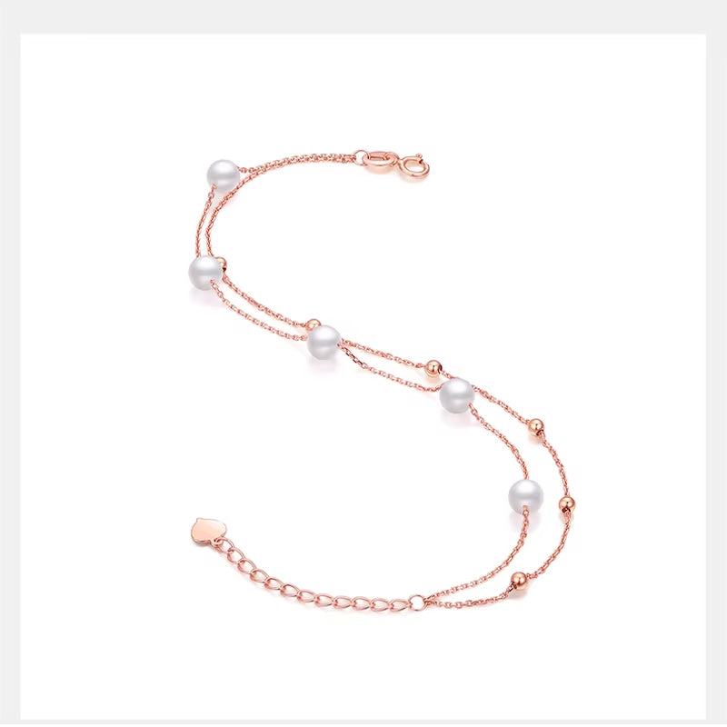 Two Strands Real 18K Rose Gold Bracelet for Women,Au750 Real Pearl Charm Bracelet Wedding Gift