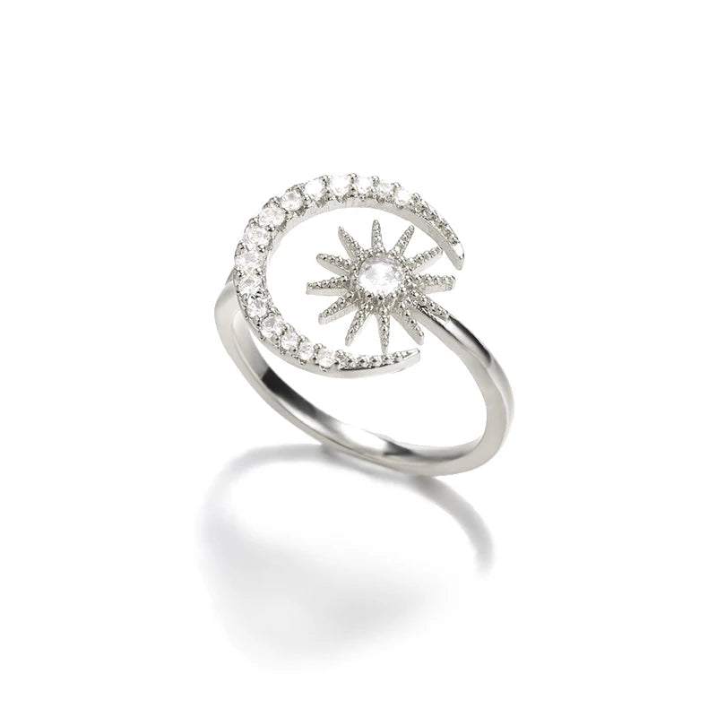 Christmas Zircon Moon Rings for Women Stainless Steel Glowing Moon Star Adjustable Finger Ring Aesthetic Wedding Jewelery Gift Bague Femme