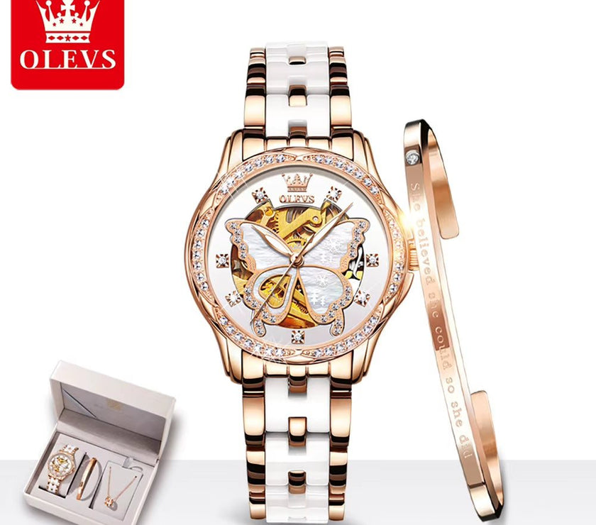 Automatic Watches for Women Luxury Rose Gold Skeleton Mechanical Waterproof Luminous Women Bracelets Watches Elegant Set