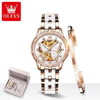 Automatic Watches for Women Luxury Rose Gold Skeleton Mechanical Waterproof Luminous Women Bracelets Watches Elegant Set