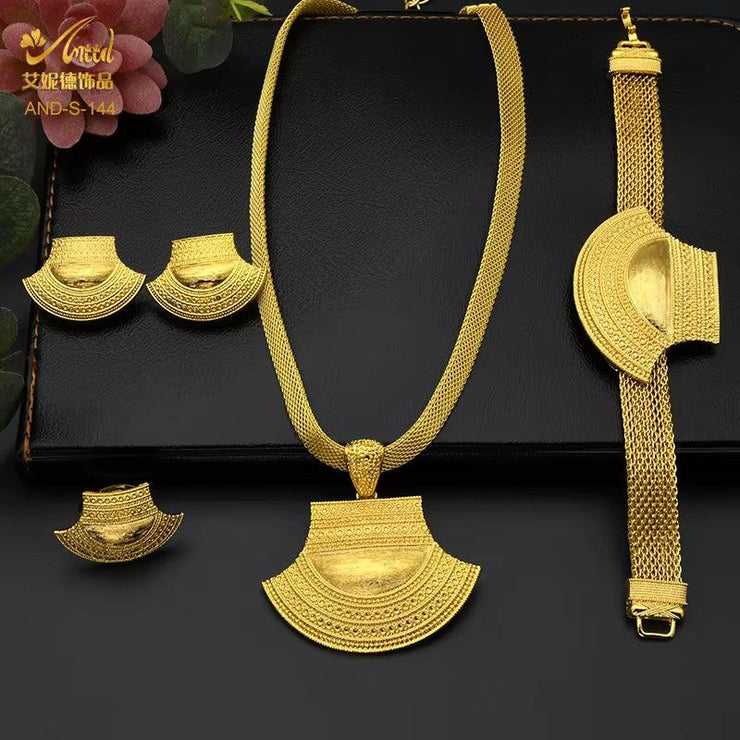 Dubai 24K Gold Color Jewelry Set for Women African Nigerian Necklace Set Earrings and Bracelets Bridal Indian Fashion