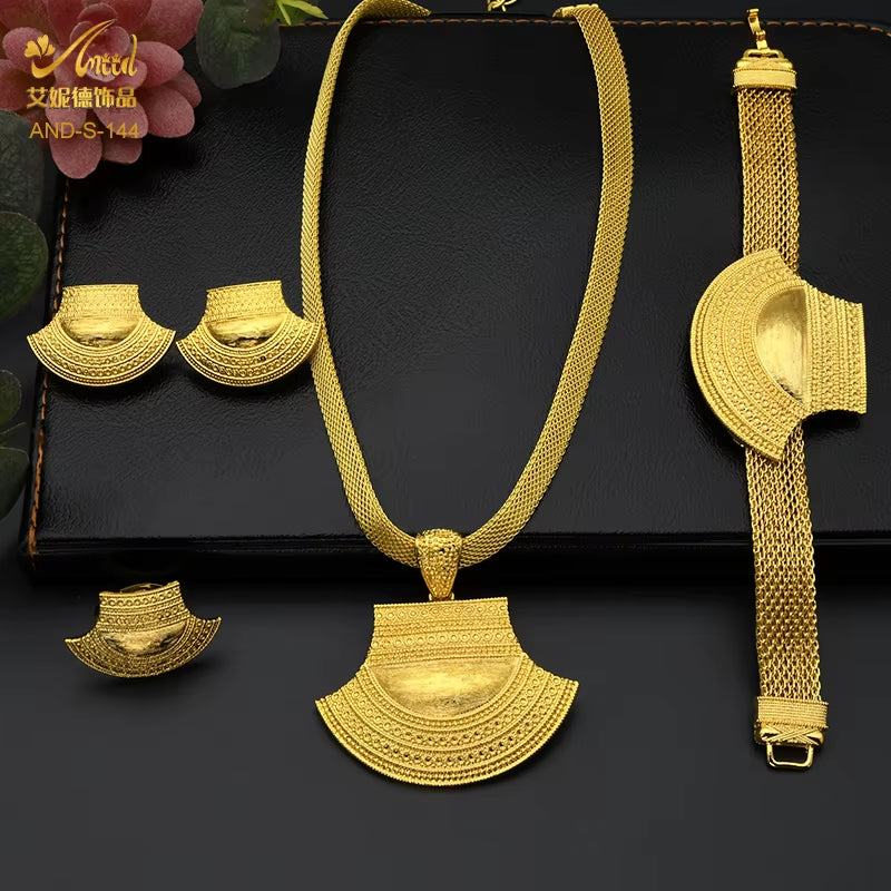 Dubai 24K Gold Color Jewelry Set for Women African Nigerian Necklace Set Earrings and Bracelets Bridal Indian Fashion