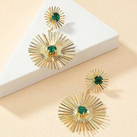 Product Description Green Stone Big Metal Dangle Earring Post for Women Gold Color Vintage Geometric Statement Drop Earrings New Style