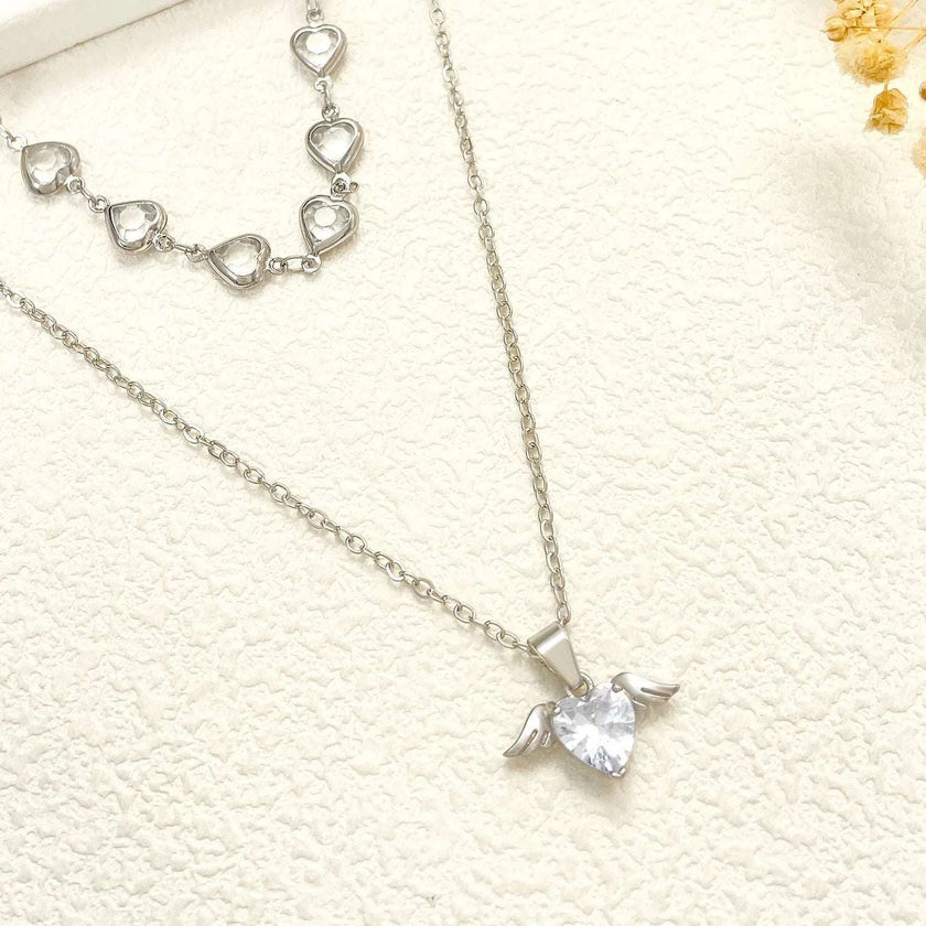 Fashionable Design Crystal Heart Pendant Necklaces for Women Heart Necklace Angle Necklace Dainty Layered Pendant Necklaces Jewelry Gift for Her