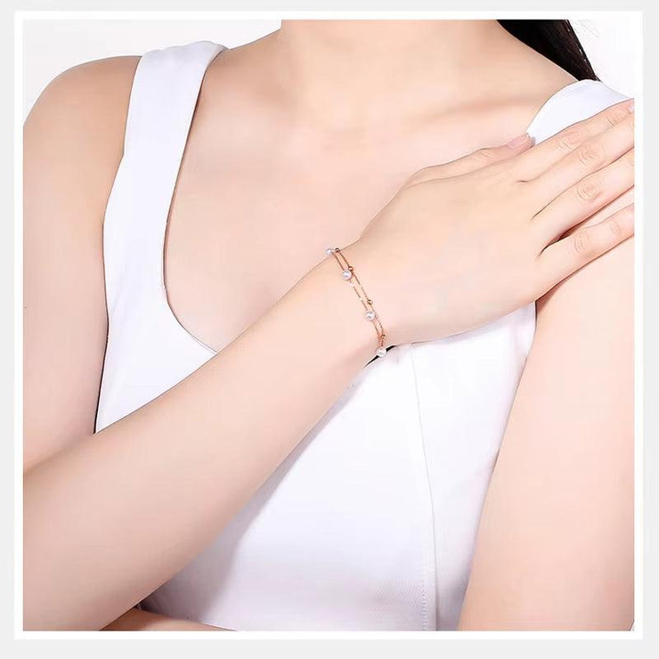 Two Strands Real 18K Rose Gold Bracelet for Women,Au750 Real Pearl Charm Bracelet Wedding Gift