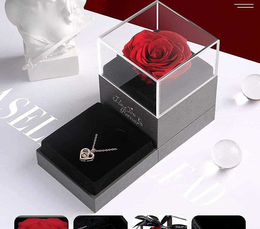 Preserved Red Real Rose with I Love You Necklace in 100 Languages -Eternal Flowers Rose Gifts for Mom Wife Girlfriend on Birthday Anniversary Christmas Mothers Day Valentines Romantic Gifts for Her