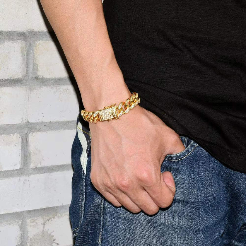 Miami Cuban Link Bracelet for Men Real Gold Plated Hip Hop Jewelry