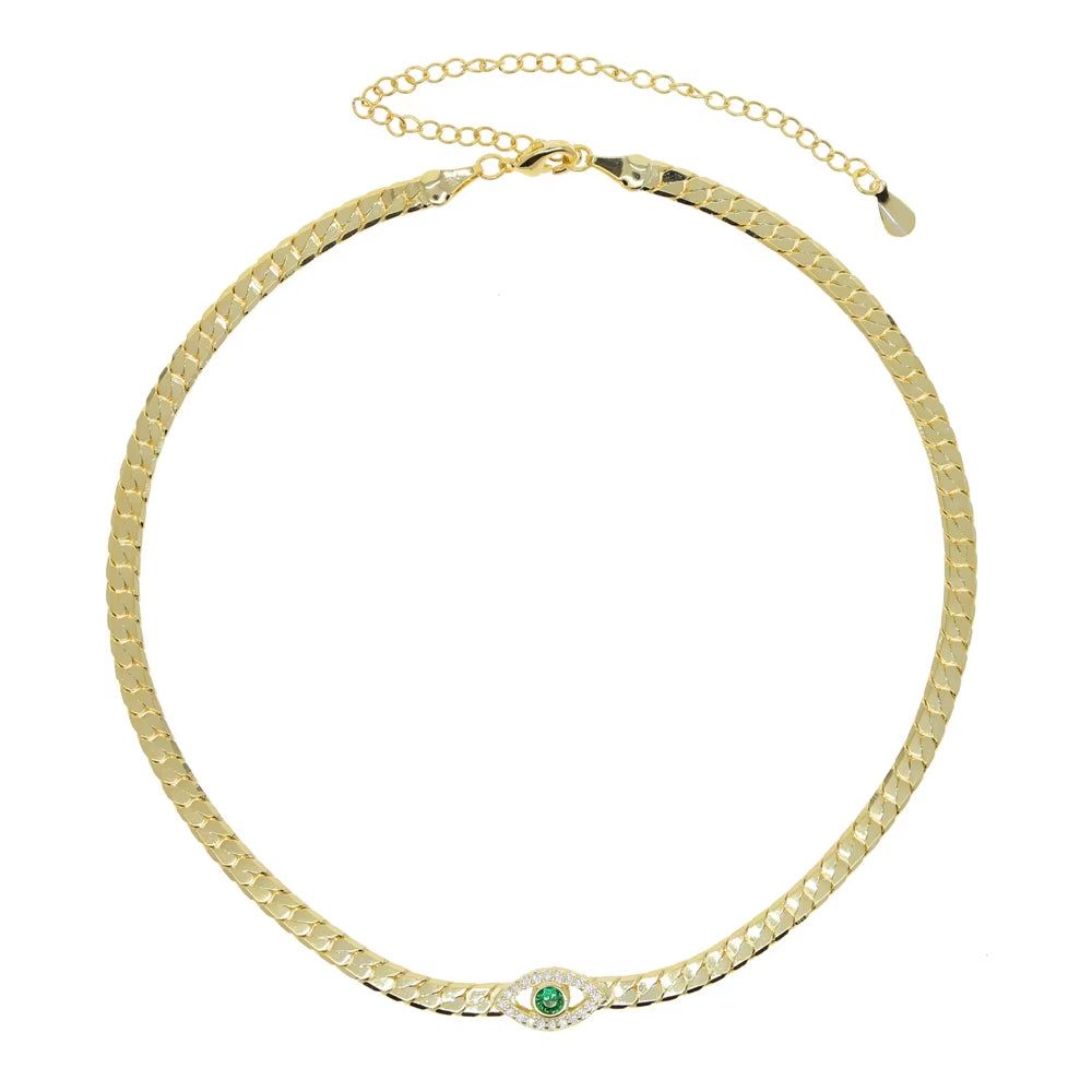 4MM Width Herringbone Chain CZ Evil Eye Charm Choker Necklace Gold Color 2023 New Design Fashion Women Jewelry