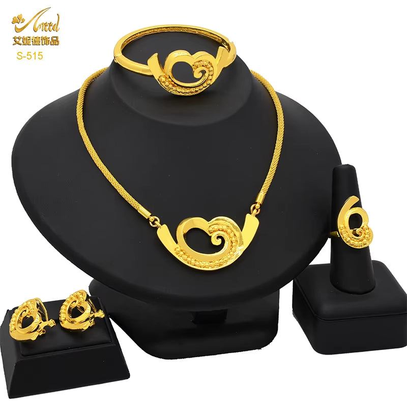 Dubai 24K Gold Color Jewelry Set for Women African Nigerian Necklace Set Earrings and Bracelets Bridal Indian Fashion