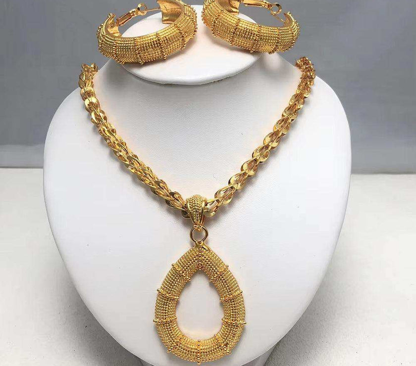 Fashion New Gold Color Wedding Jewelry Set Party Bride Women with Earrings Necklace