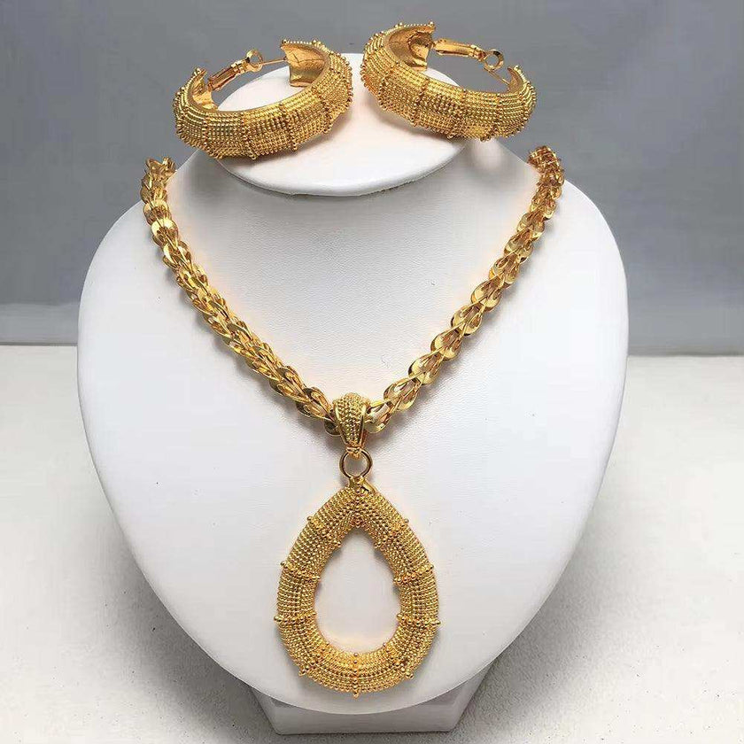 Fashion New Gold Color Wedding Jewelry Set Party Bride Women with Earrings Necklace
