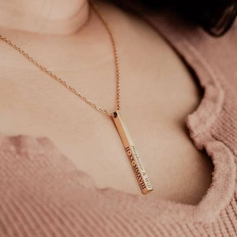 Women's Customized Personality Engrave Coordinates Name Stainless Steel Bar Necklace Pendant Men Women Valentines Day Gift for Lovers