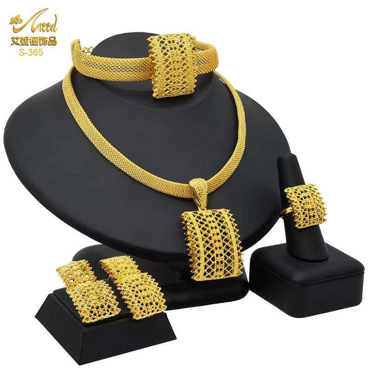 Dubai 24K Gold Color Jewelry Set for Women African Nigerian Necklace Set Earrings and Bracelets Bridal Indian Fashion