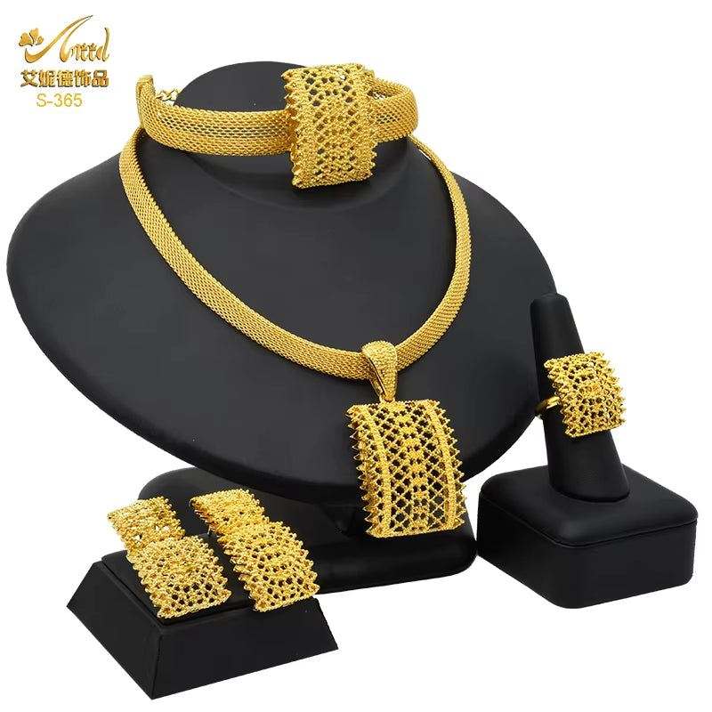 Dubai 24K Gold Color Jewelry Set for Women African Nigerian Necklace Set Earrings and Bracelets Bridal Indian Fashion