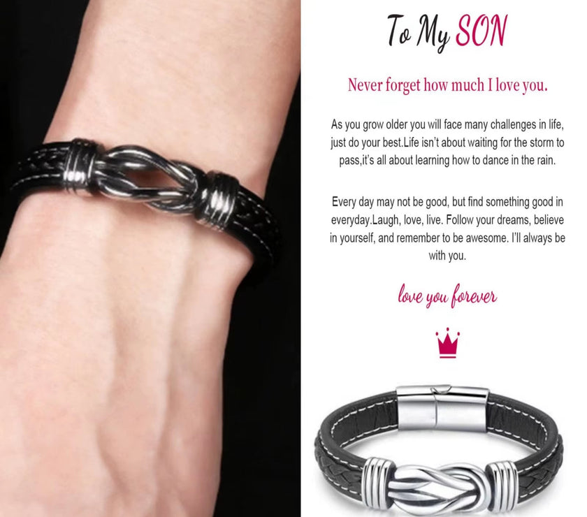 To My Son to My Grandson Bracelet Love You Forever Braided Leather Knot Bracelet Stainless Steel Magnetic Clasp Jewelry Gift