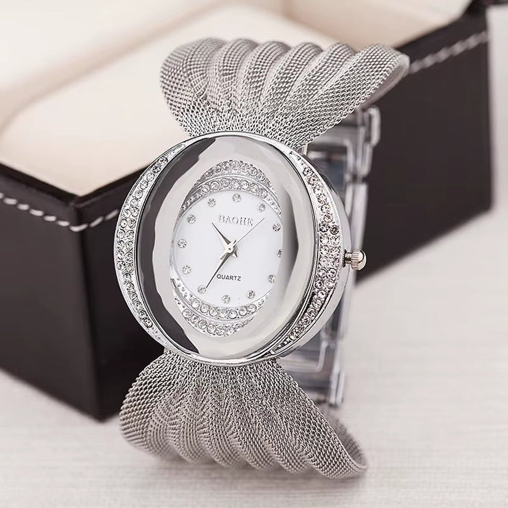 Mesh Band Women Watch Fashion Oval Gold Bracelet Alloy Quartz Watch Dress Rhinestone Women'S Wristwatches Ladies Bracelet Clock