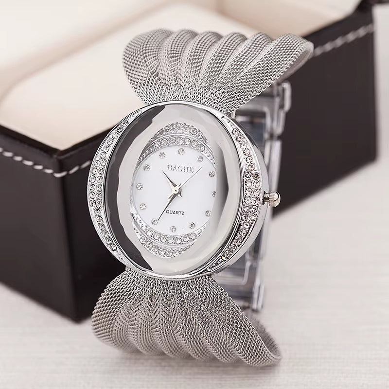 Mesh Band Women Watch Fashion Oval Gold Bracelet Alloy Quartz Watch Dress Rhinestone Women'S Wristwatches Ladies Bracelet Clock