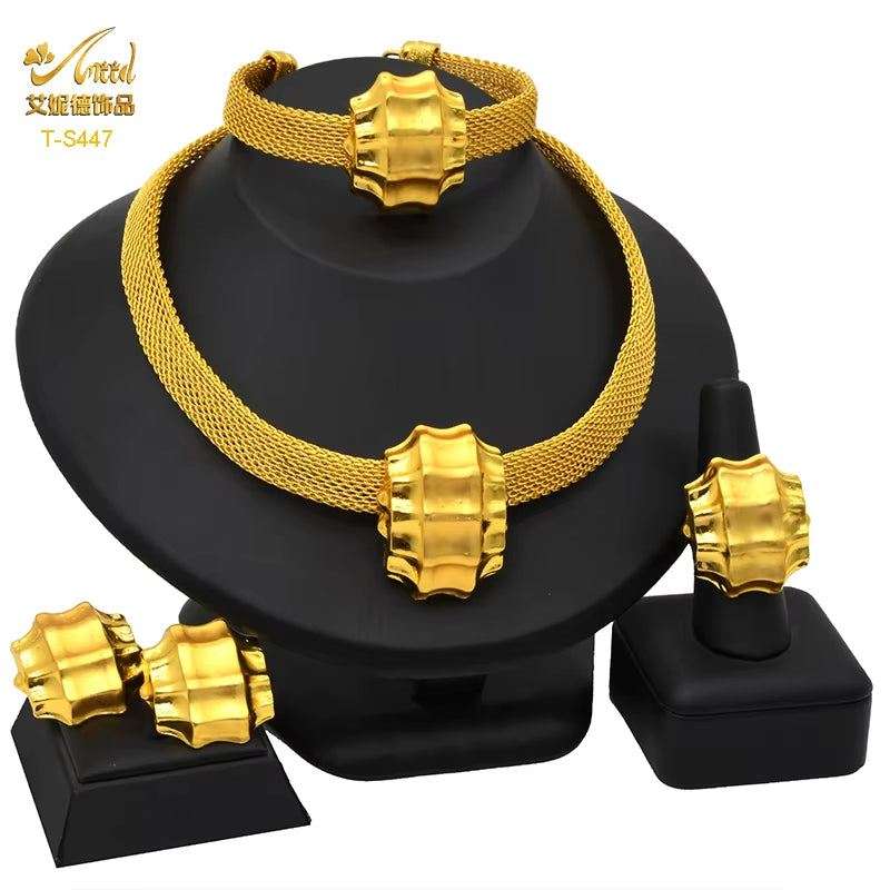 Dubai 24K Gold Color Jewelry Set for Women African Nigerian Necklace Set Earrings and Bracelets Bridal Indian Fashion