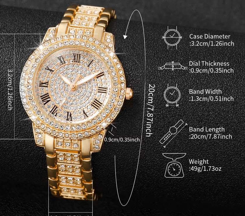 2PCS Fashion Diamond Women Watches Gold Watch Ladies Wrist Watches Luxury Rhinestone Womens Bracelet Watches Relogio Feminino