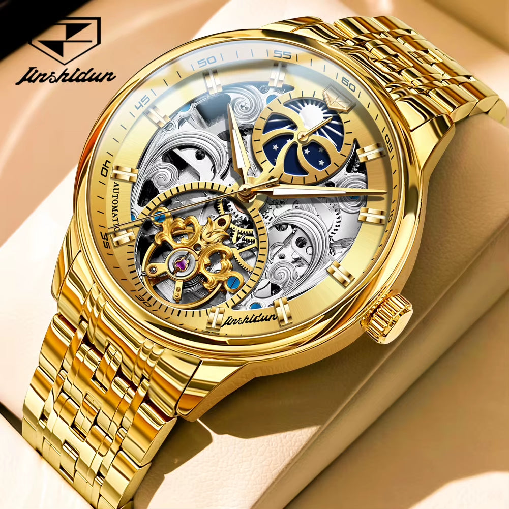 JSDUN Certified Automatic Watch for Men Skeleton Stainless Steel Waterproof Watches Business Gold Watch Top Brand Men'S Watches