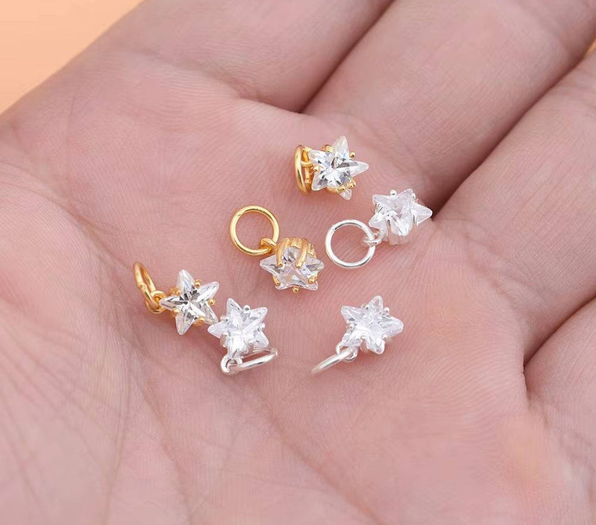 Real Solid 925 Sterling Silver Real Pure Solid 925 Sterling Silver Pendant Star Cubic Zircon Gold Suspension Necklace Bracelet Jewelry Making Findings Charms