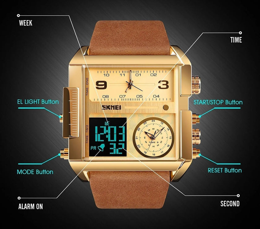 Mens SKMEI Men Watch Large Dial Digital Quartz Sport Stopwatch Leather Wristwatch New