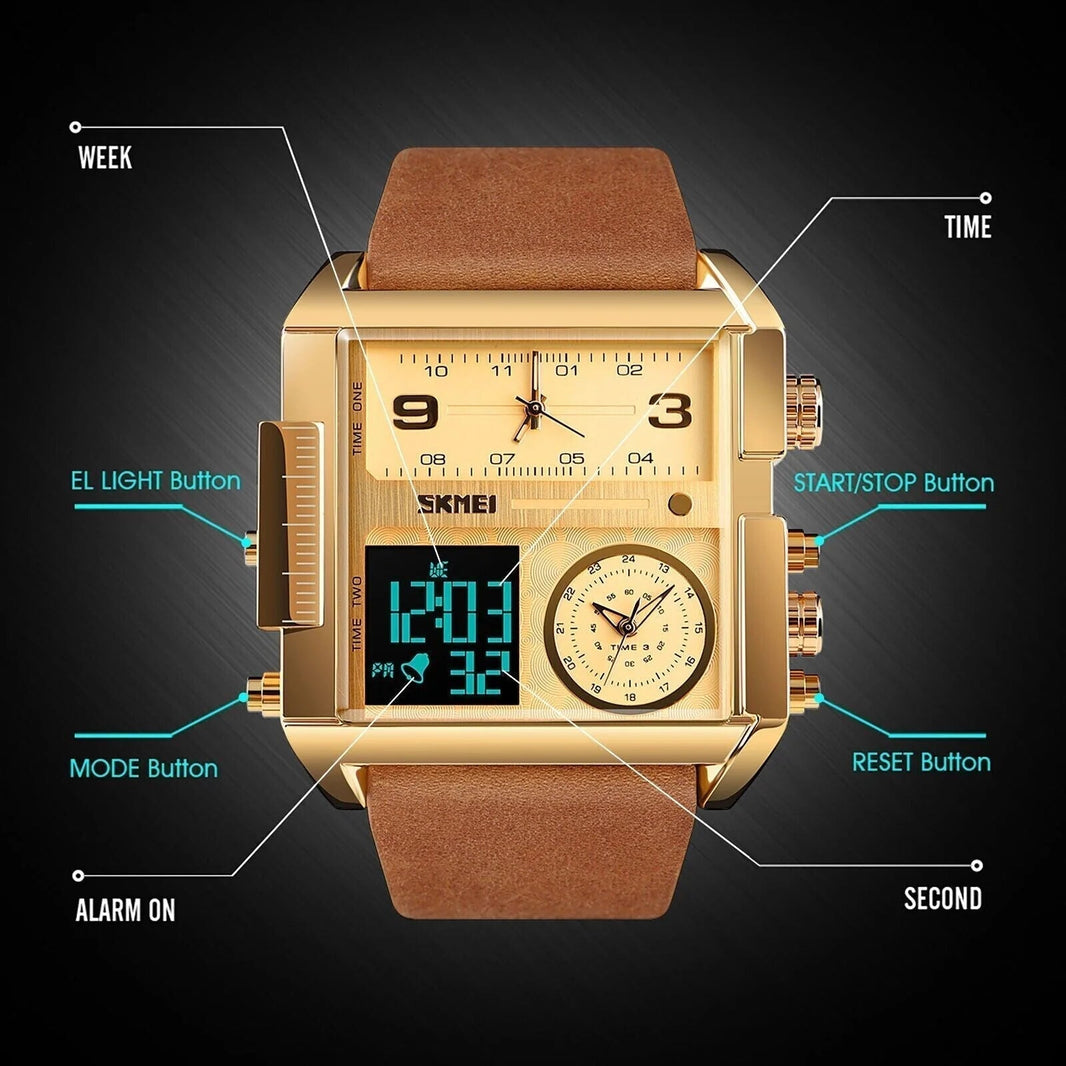 Mens SKMEI Men Watch Large Dial Digital Quartz Sport Stopwatch Leather Wristwatch New