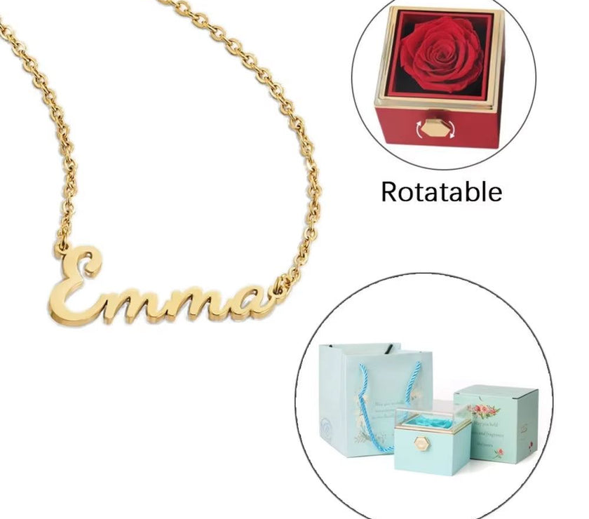 Twisted ETERNAL ROSE Box-Customized Name Necklace & REALROSE Flower Gift Box Heart Customize Jewelry Valentine'S Day Gift for Girlfriend