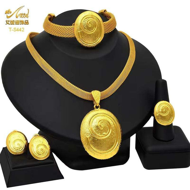 Dubai 24K Gold Color Jewelry Set for Women African Nigerian Necklace Set Earrings and Bracelets Bridal Indian Fashion