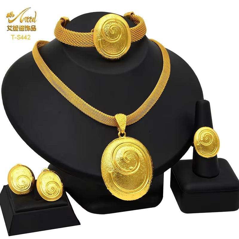 Dubai 24K Gold Color Jewelry Set for Women African Nigerian Necklace Set Earrings and Bracelets Bridal Indian Fashion