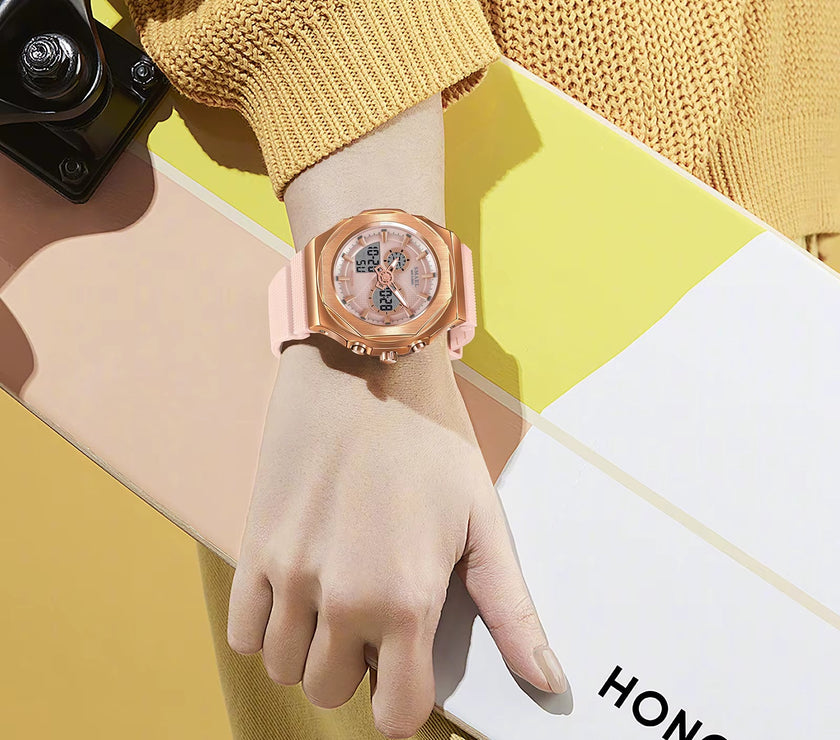 SMAEL Sport Watches Women 50M Waterproof Lady Watches Pink Lover Gifts 8102 Dual Time Diaplay Watches Digital LED Back Light