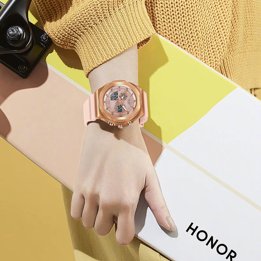 SMAEL Sport Watches Women 50M Waterproof Lady Watches Pink Lover Gifts 8102 Dual Time Diaplay Watches Digital LED Back Light