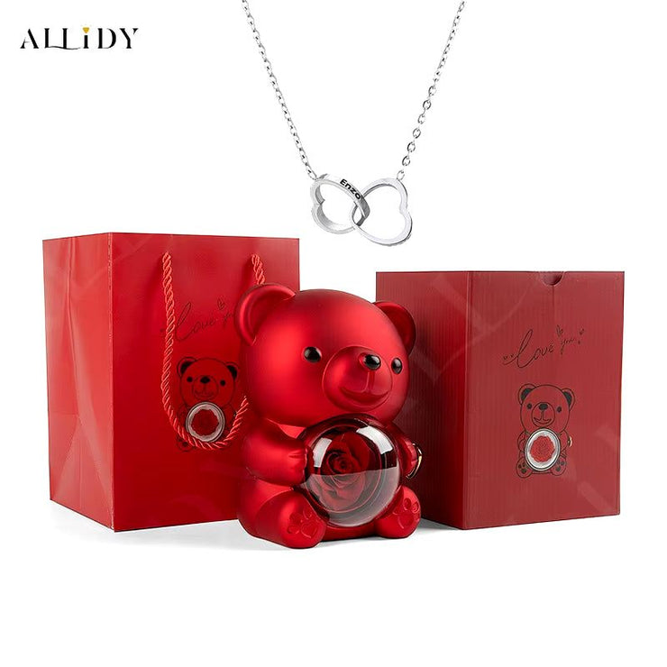 Allidy - Real Eternal Red Rose Teddy Bear Custom Name Necklace Jewelry Set Gift Box Christmas Valentine'S Birthday Wedding Gift