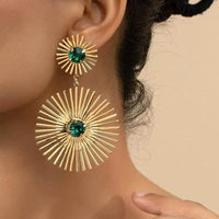 Product Description Green Stone Big Metal Dangle Earring Post for Women Gold Color Vintage Geometric Statement Drop Earrings New Style