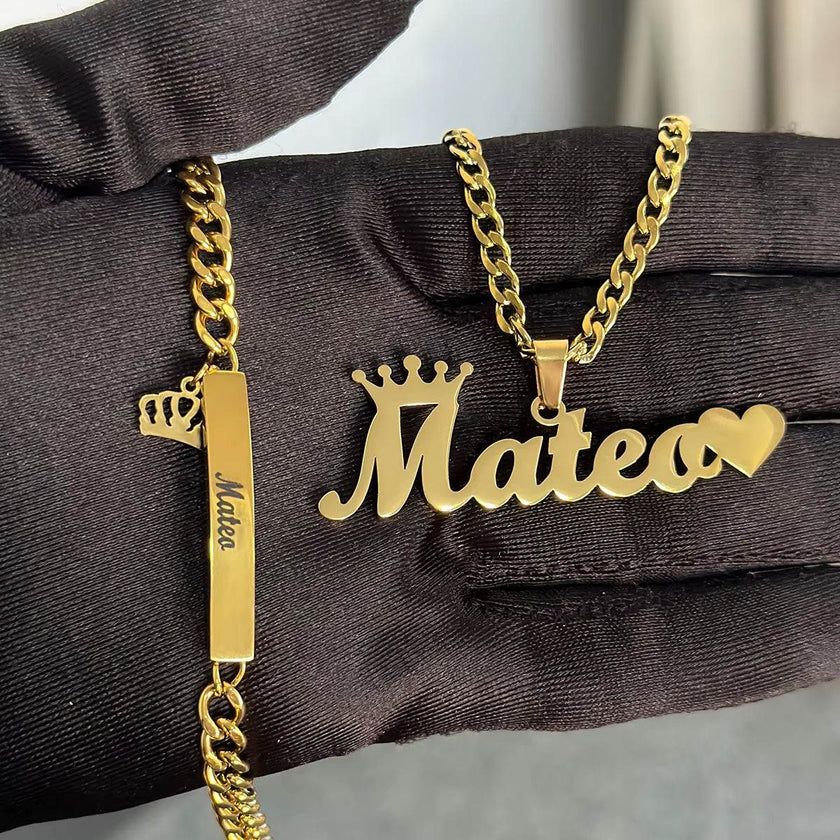 DHQH Original New Custom Name Set Jewelry Stainless Steel Love Crown Name Pendant Engraved Name Children'S Bracelet Necklace Set