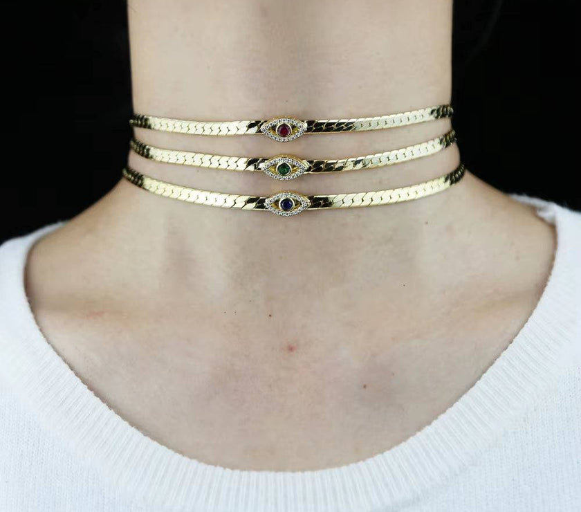 4MM Width Herringbone Chain CZ Evil Eye Charm Choker Necklace Gold Color 2023 New Design Fashion Women Jewelry
