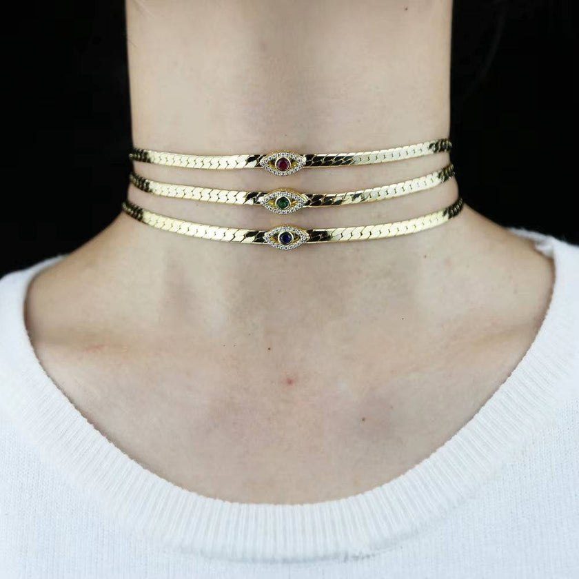 4MM Width Herringbone Chain CZ Evil Eye Charm Choker Necklace Gold Color 2023 New Design Fashion Women Jewelry